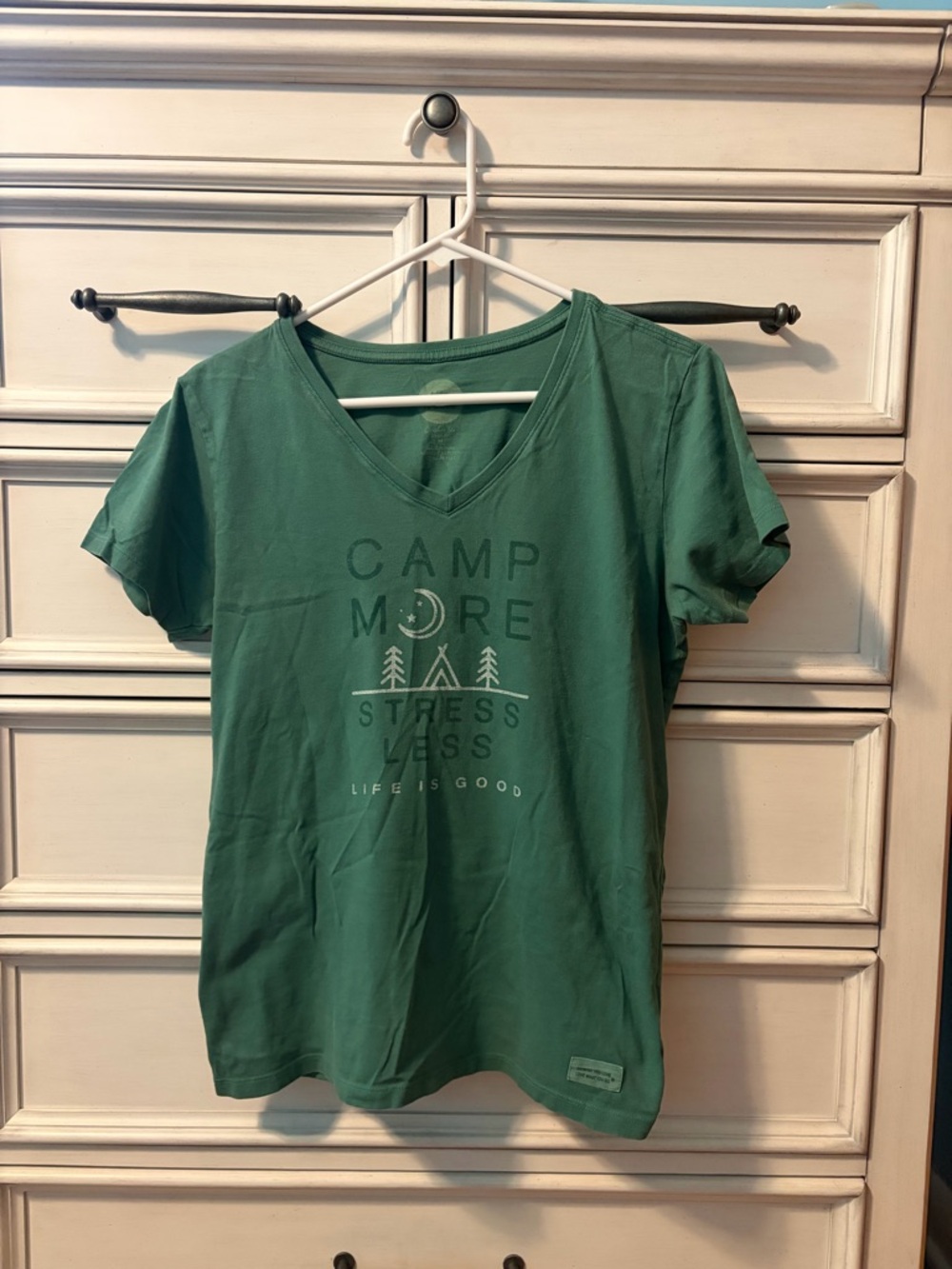 Life is Good "Camp More Stress Less" Green Tee